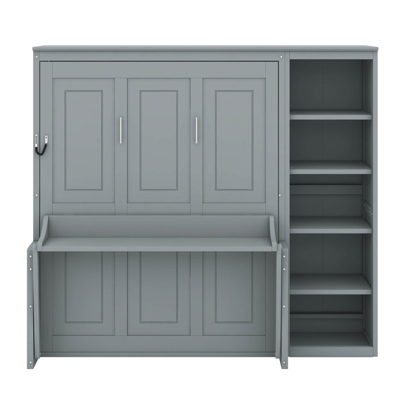 Lit escamotable double avec bureau et bibliothèque, Gris, Double