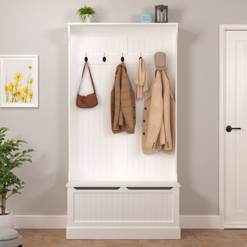 White Entryway Bench with Coat Rack & Shoe Storage | Organize Entry Hallway