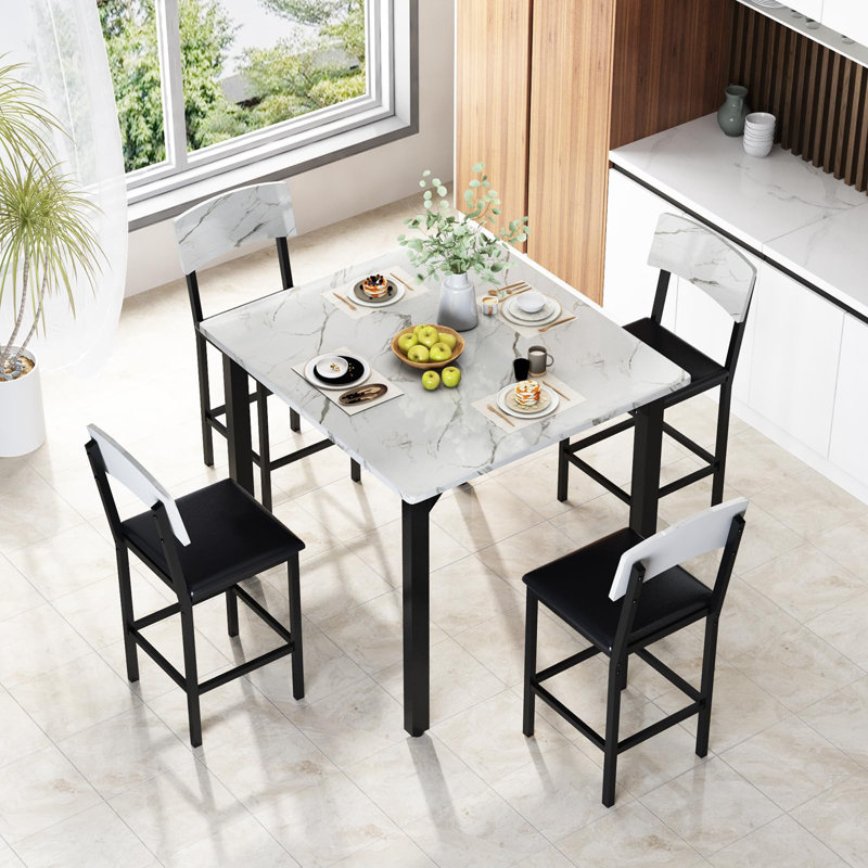 Marble 5-Piece Dining Table Set: Counter-Height Table & Stools | Space-Saving for Kitchen, Office, Small Spaces, White