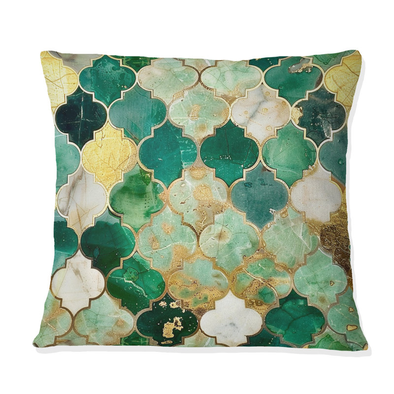 Coussin décoratif à carreaux dorés verts et or II, H 18 po x l 18 po