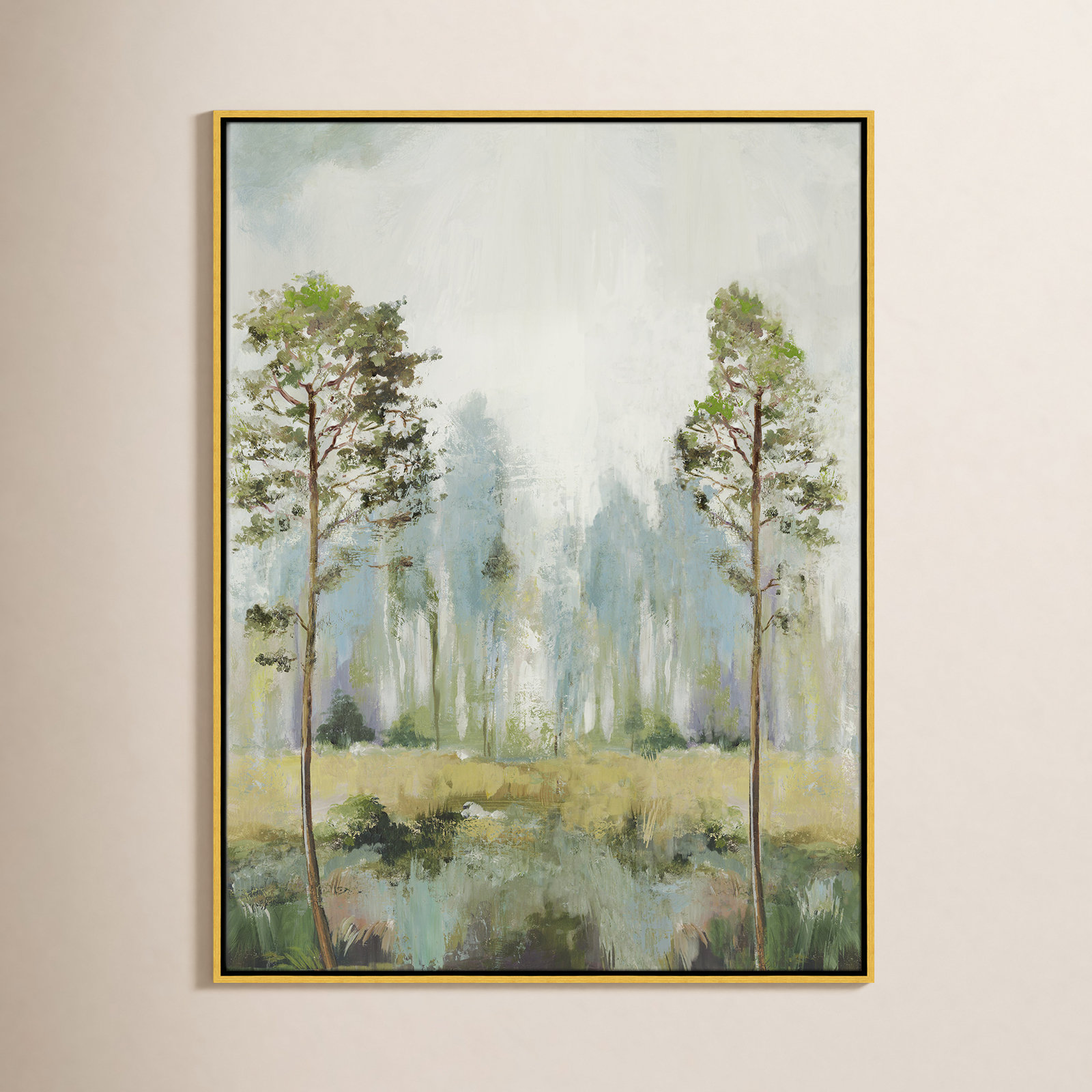 Tall Green Trees II by Teton Pearce - Floater Frame Print on Canvas, 41.5" H x 31.5" W, Gold