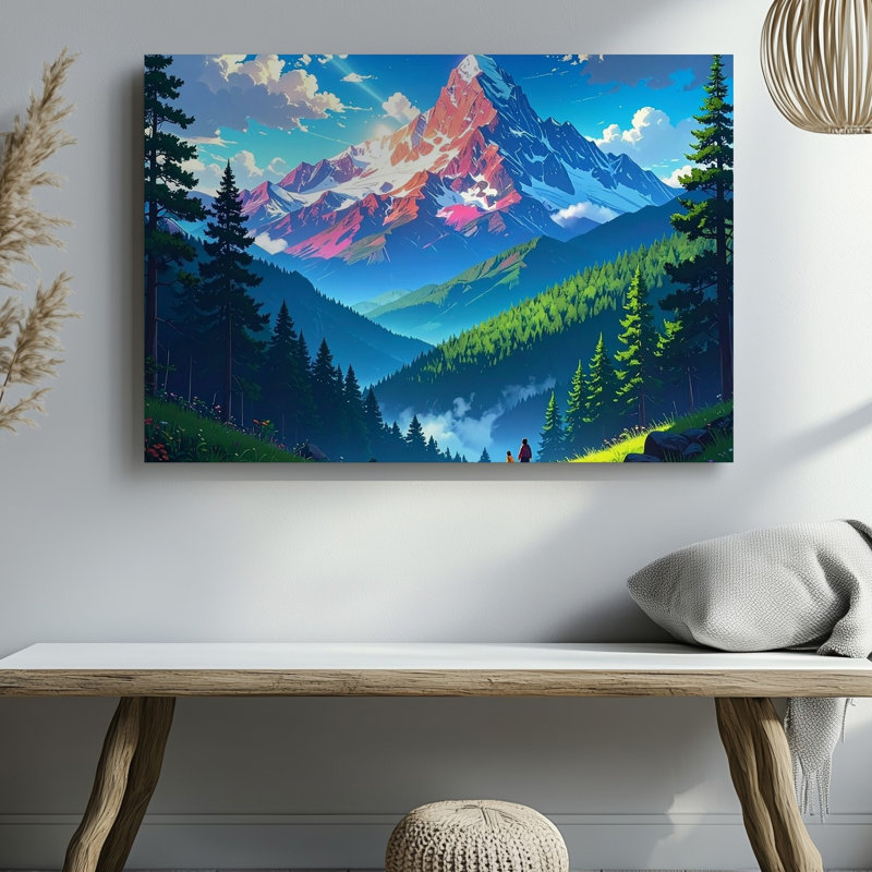 Une scène de montagne majestueuse peinte aux couleurs de la toile brillante au centre, H 11 po x l 14 po