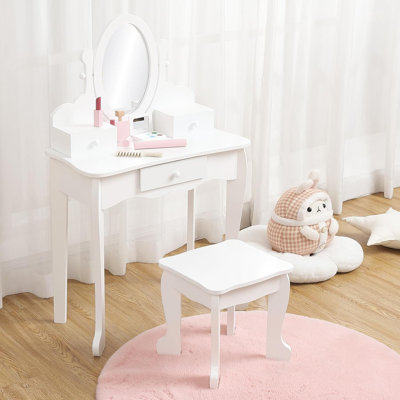 Kids Vanity With Mirror And Stool, Girls Vanity With Wood Makeup Playset
