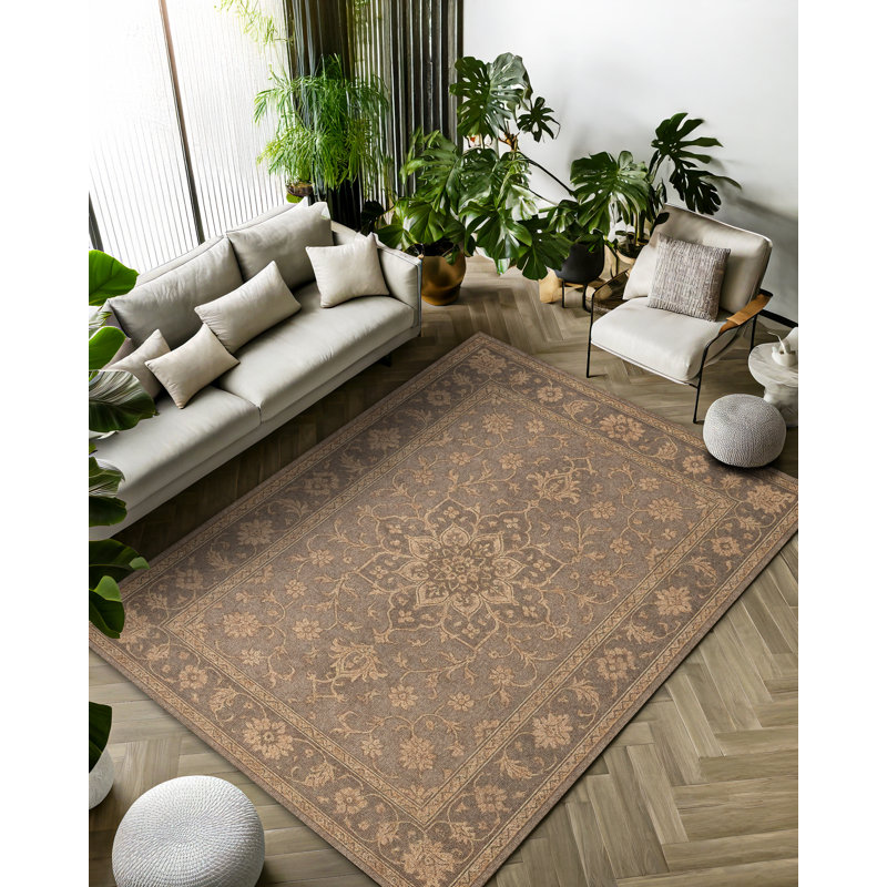 Nouvelle Collection Digital Print Cotton-Polyester Brown Oriental Rug, Square 5'3"