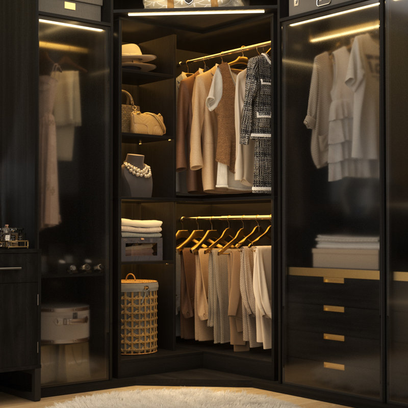 36"Corner Closet System With 2 Rods And Hutches, Black