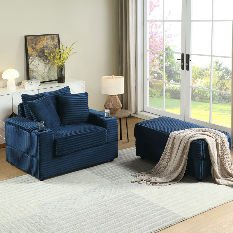 Canapé d'angle en velours côtelé bleu avec 2 coussins décoratifs, assise profonde pour un confort optimal dans votre salon, tissu doux et luxueux, ressorts fermes et stables, design ergonomique soigné, montage facile