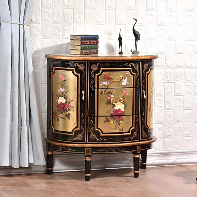 Console demi-cercle en bois massif noir et bois manufacturé
