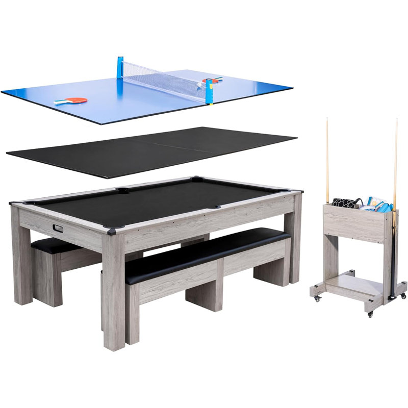 Table de billard 7-en-1 de 7 pi avec plateau repas et tennis de table, ensemble de table de billard multi-jeux avec finition grain de bois HDF, comprend des queues de billard, des balles, des raquettes de ping-pong et un chariot de rangement roulant