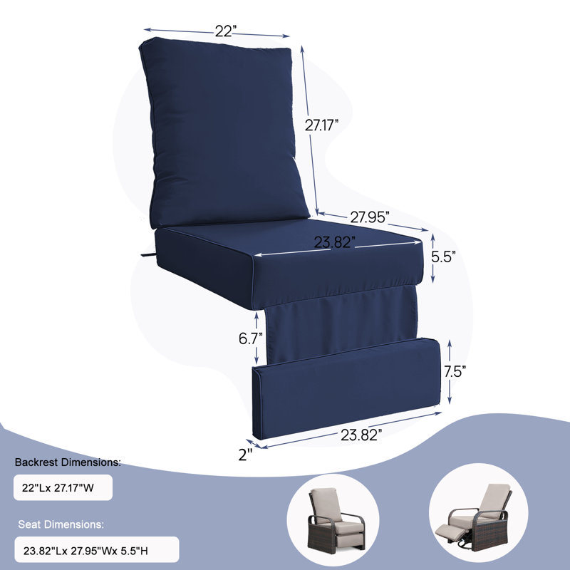 Outdoor Seat Back Cushion, Chaise Lounge Recliner Replacement Cushion For Patio Furniture, Deep Seat Cushion, Navy