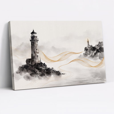 Phares brumeux aux lignes dorées fluides, tableau sur toile
