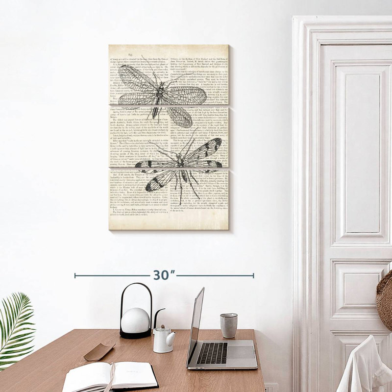 Libellules Brampt rétro sur papier journal, H 32 po x l 20 po