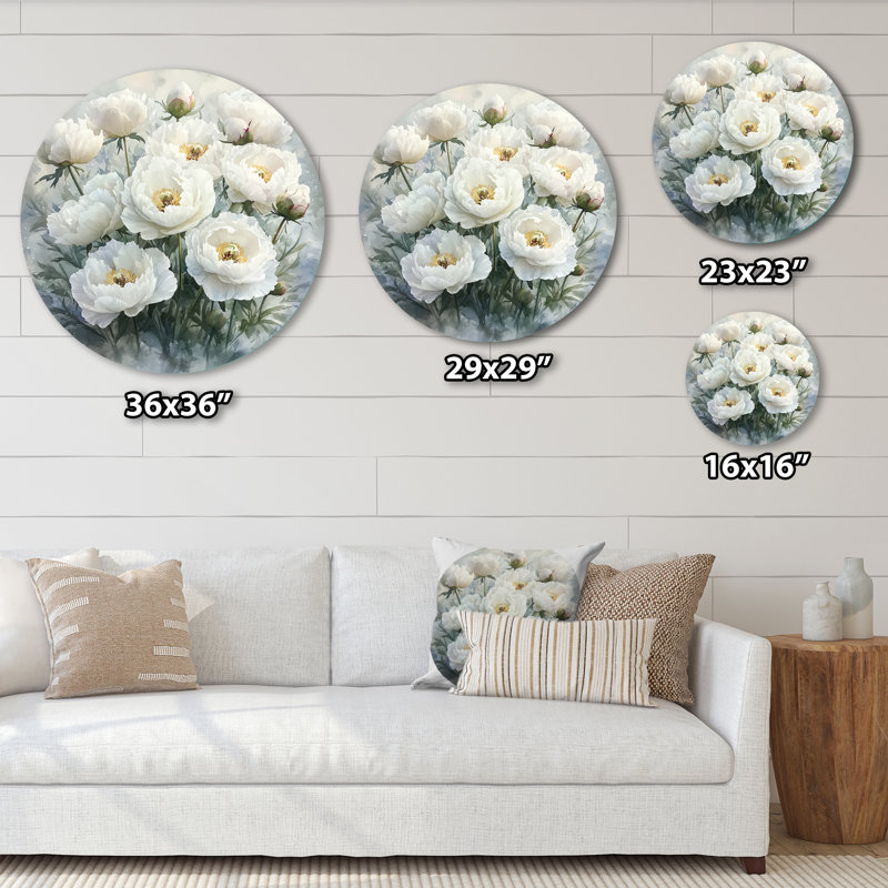 Hiver, matin, pivoines, étreinte - pivoines, art mural rond en métal pour le salon, H 16 po x l 16 po