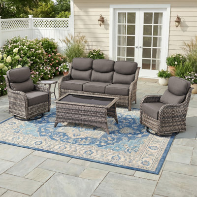 5 - Person Luxury Wicker Patio Furniture Set With Coffee Table & 6-Inch Extra-Thick Cushion Swivel Chairs, Side Table