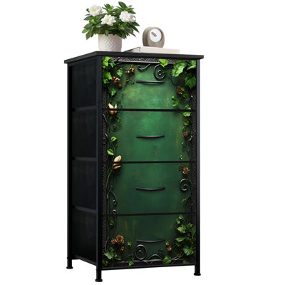 Commode pour la chambre à coucher avec 4 tiroirs de rangement Armoire élégante gothique à cadre floral vert avec roses dorées et vignes