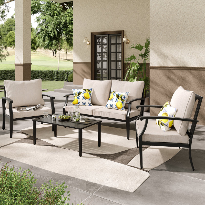 4 Pieces Patio Furniture Set w/loveseat,Coffe Table,Outdoor Conversation Metal Sofa with High Back and Thick Cushion,for Backyard,Garden