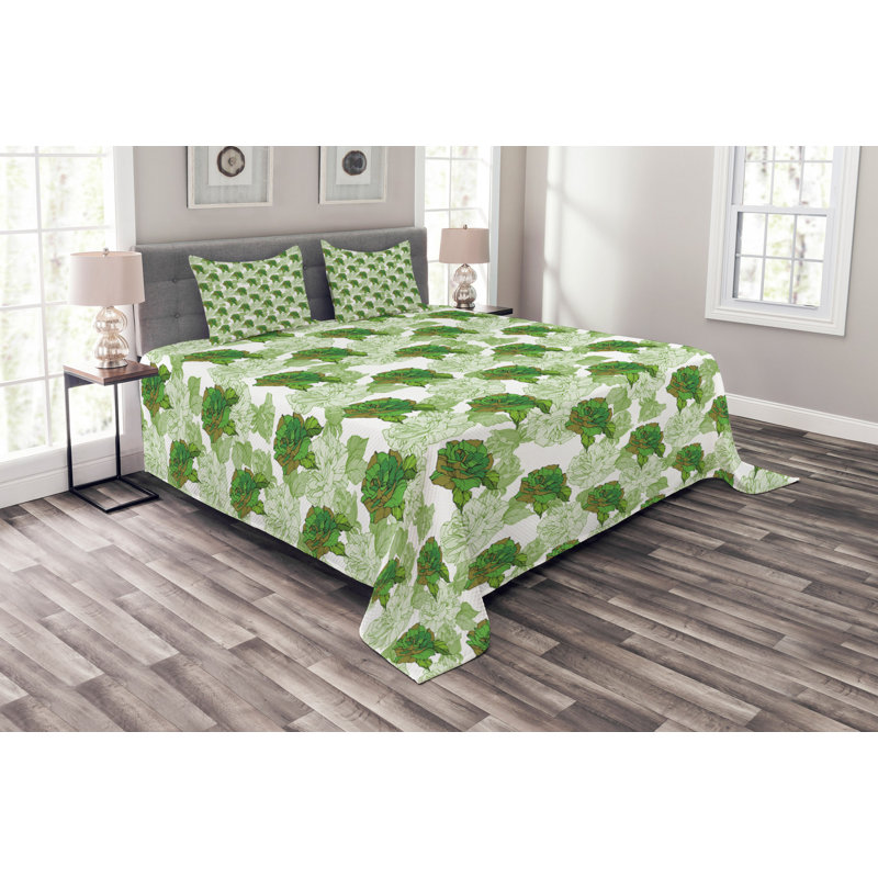 Abobaker  White/Green Microfibre Bedspread Set, 220 x 264 cm