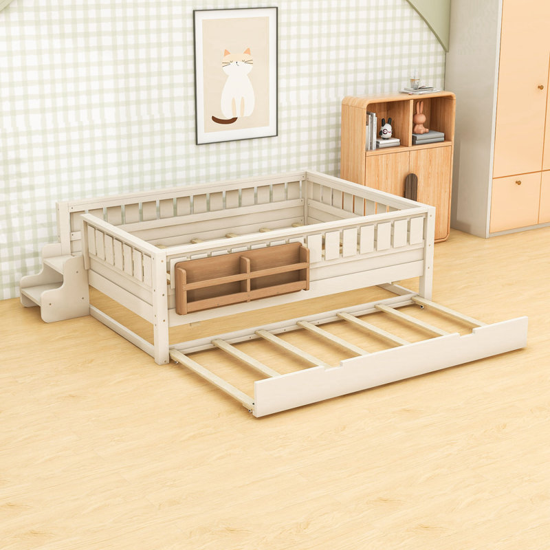 Lit plateforme en bois avec lit gigogne et petit escalier, Full, Beige