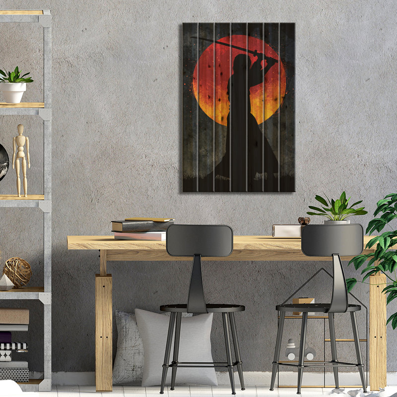 Samurai Moon Black par Nikita Abakumov - impression sur bois sans cadre, H 26 po x l 18 po x P 1,5 po