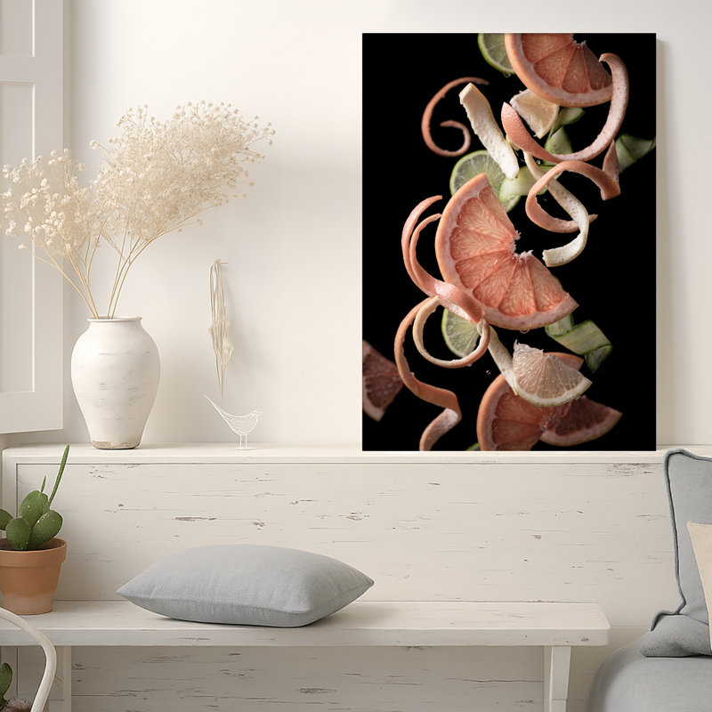 Toile rose sur fond noir, pamplemousse rose et tourbillon de lime, H 24 po x l 16 po