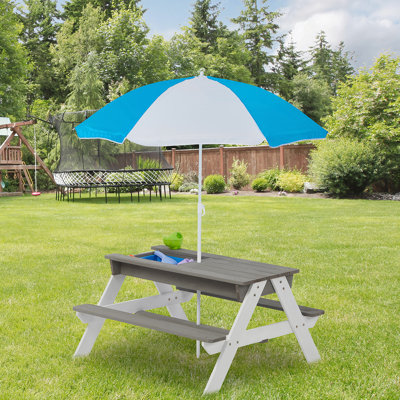 3-In-1 Kids Outdoor Wooden Picnic Table With Umbrella, Convertible Sand & Wate, Gray ASTM