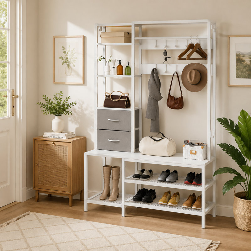 Hall Tree 120cm Wide with Bench and Shoe Storage, White