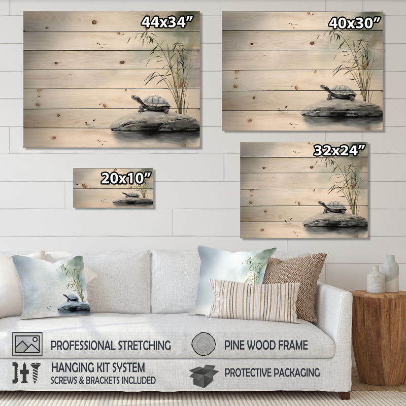 Tortue de bambou perchée II - Tortue, art mural en bois sur bois de pin naturel, H 24 po x l 32 po