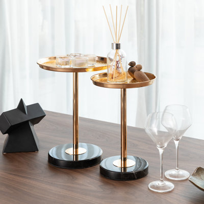 Carlos Marble Pedestal End Table Set with Adjustable Height