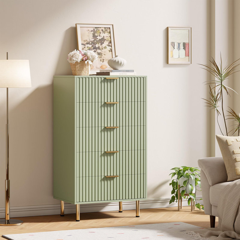 47" Tall  Fluted 5 Drawer Dresser For Bedroom, Deep Drawers, Green