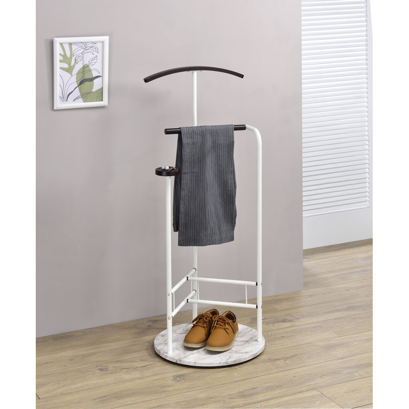 Scandia Valet Stand, Clothes Rack, Clothing Organizer With Tray, Hanger And Trousers Bar, Wood, Metal,, White
