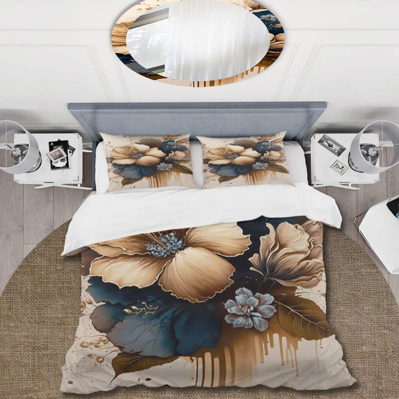 Ensemble de housse de couette Hibiscus Bouquet III brun et bleu - Polyester microfibre