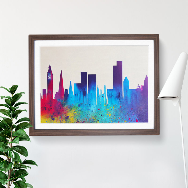 Colourful London Skyline Vol.2 Abstract - Painting, Walnut Framed, 46cm H x 64cm W x 2cm D