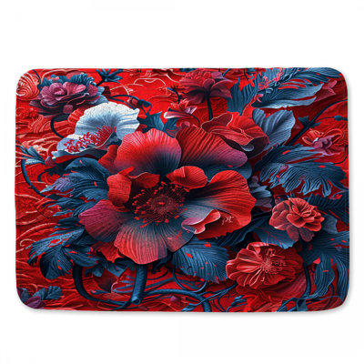 Red Blue Floral Composition Bath Mat