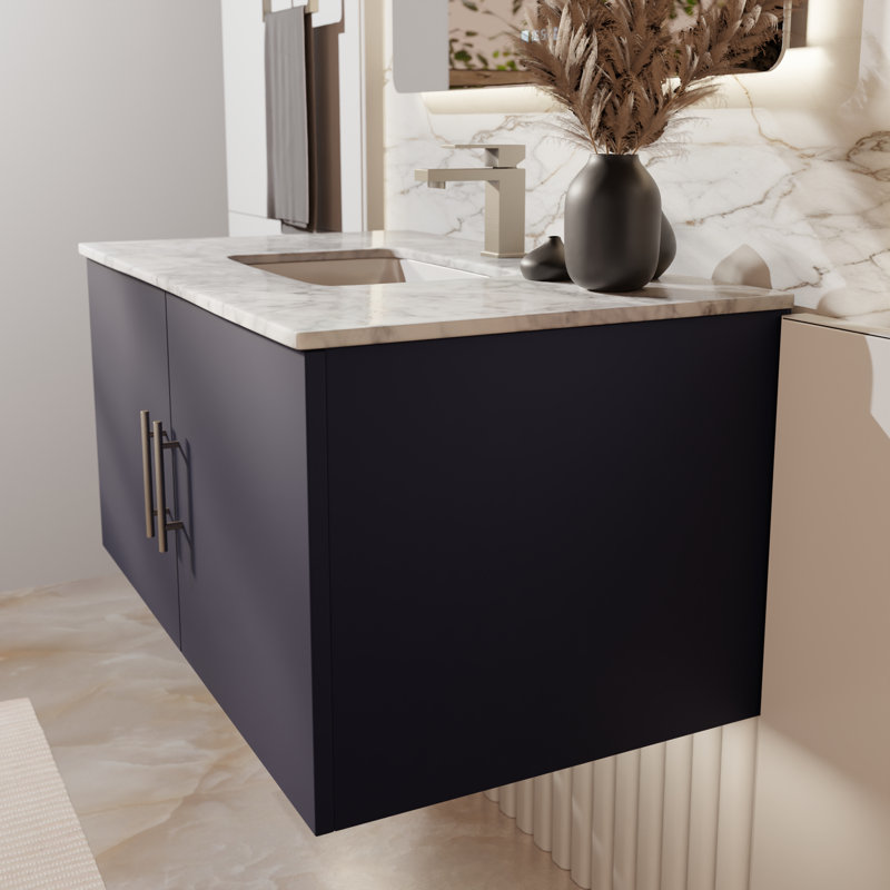 Geneva 36 in W x 22 in D Single Bath Vanity and Chrome Faucet Set, Navy Blue, White Carrara Marble