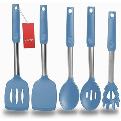 Silicone Spatula and Cooking Spoon,5 Pack Non-Stick Cooking Utensils for Kitchen，Heat Resistant Solid & Slotted Spoons and Spatulas, Stainless Steel Handle Coated with Silicone,Black