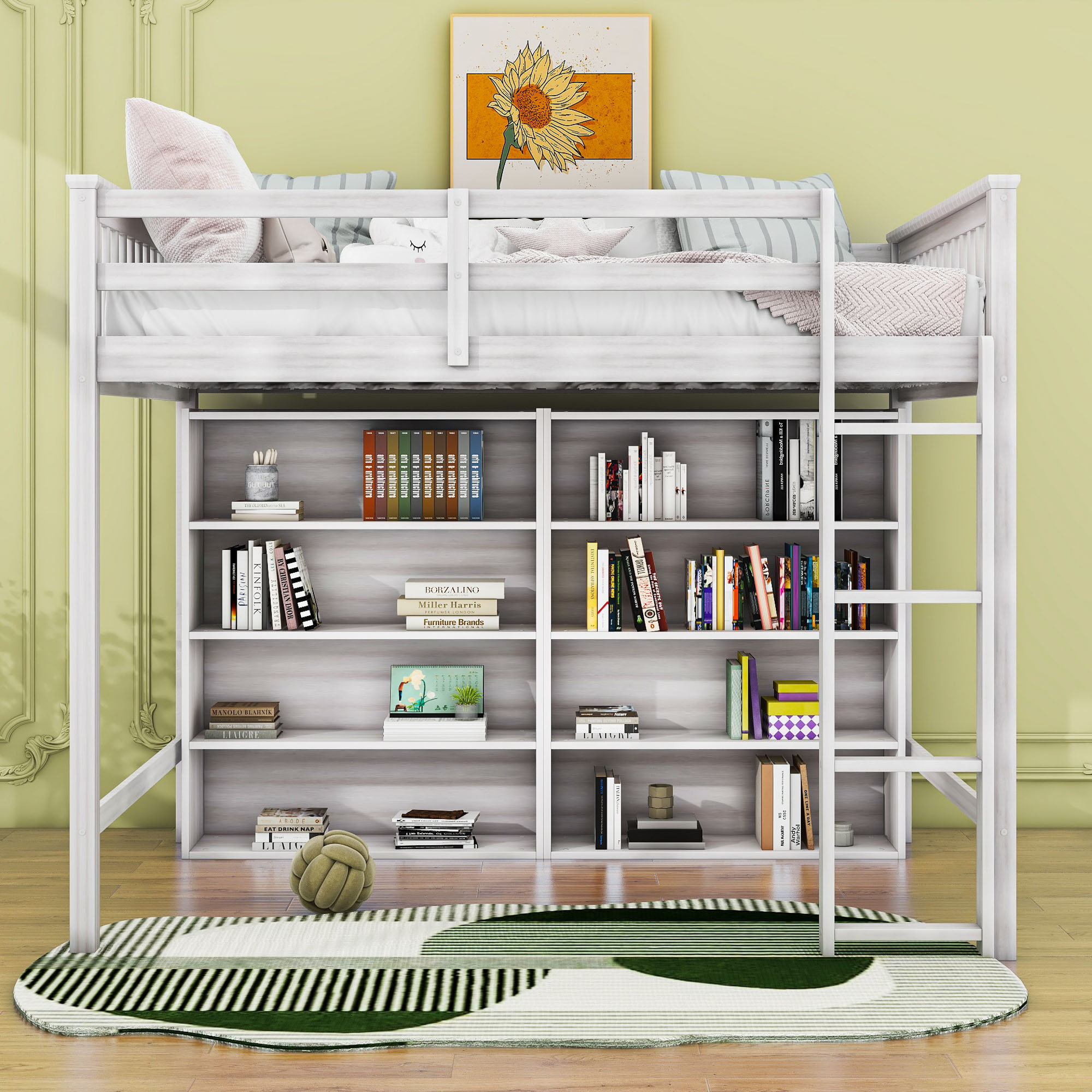 Harriet Bee Full Size Wood Loft Bed With 8 Shelves And Ladder - Wayfair ...