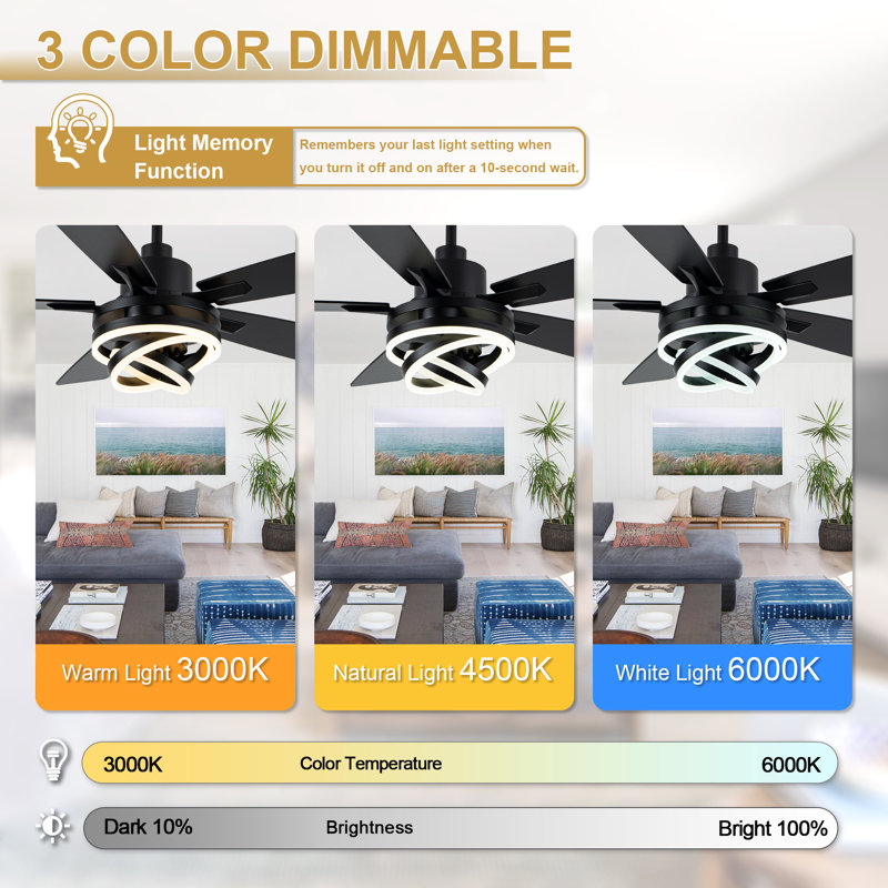 52" Modern DIY Shade Ceiling Fan with Lights and Remote, 6 Speeds Reversible DC Motor Black Chandelier Ceiling Fan for Bedroom