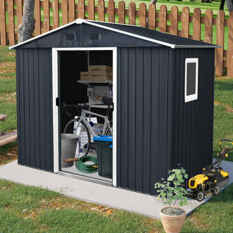 8X4 Ft Outdoor Metal Storage Building With Window - Black And White, Galvanized Iron, Sloped Roof & Lockable Door, Ventilation System, Foundation, Anchors, Hooks, Shelf, Lock, Gloves Shed 8Ft By 4Ft