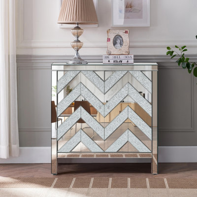 Storage Cabinet With Mirror Trim & M Shape Design - Silver For Living Room, Dining, Entryway, Kitchen Glass Shape, For Dining Robust Construction