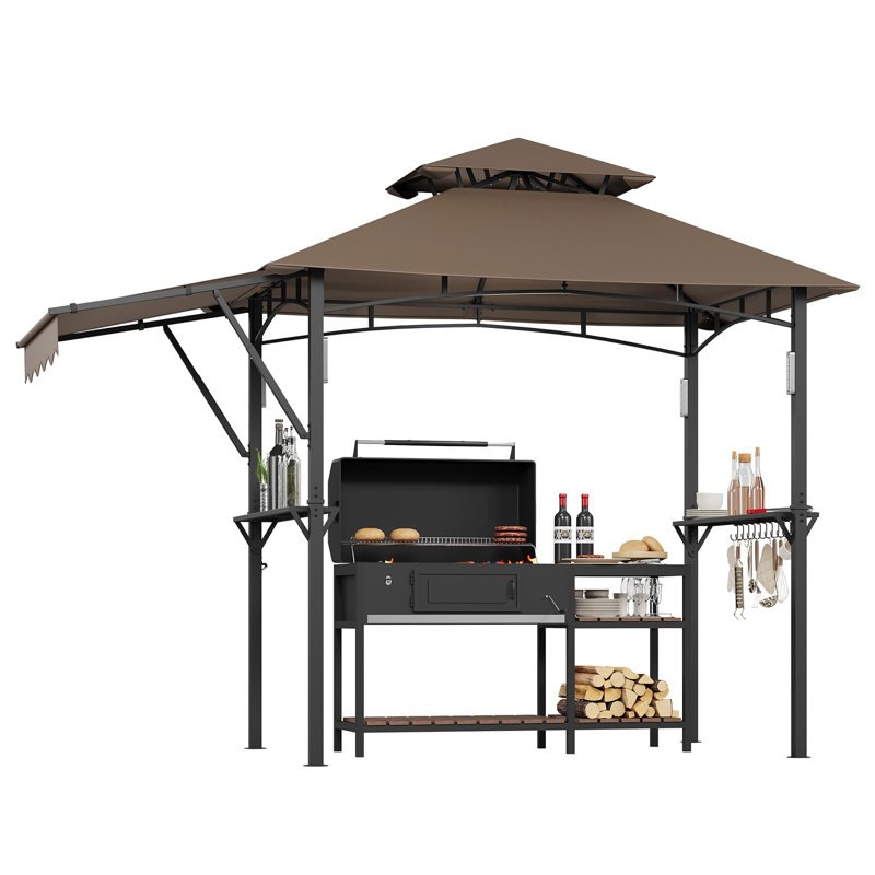 8x5 ft Grill Gazebo with Side Awning, Double-Tier BBQ Canopy with 2 Side Shelves, 10 Hooks & Bottle Opener, Heavy-Duty Outdoor Grill Shelter, Brown