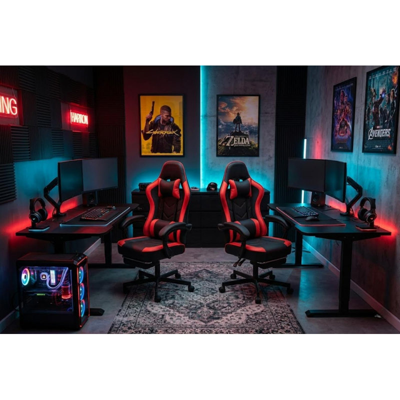 Ergonomic High-Back PC & Racing Chair With Massage Lumbar, Footrest & Adjustable Arms(Set Of 2), Black/Red