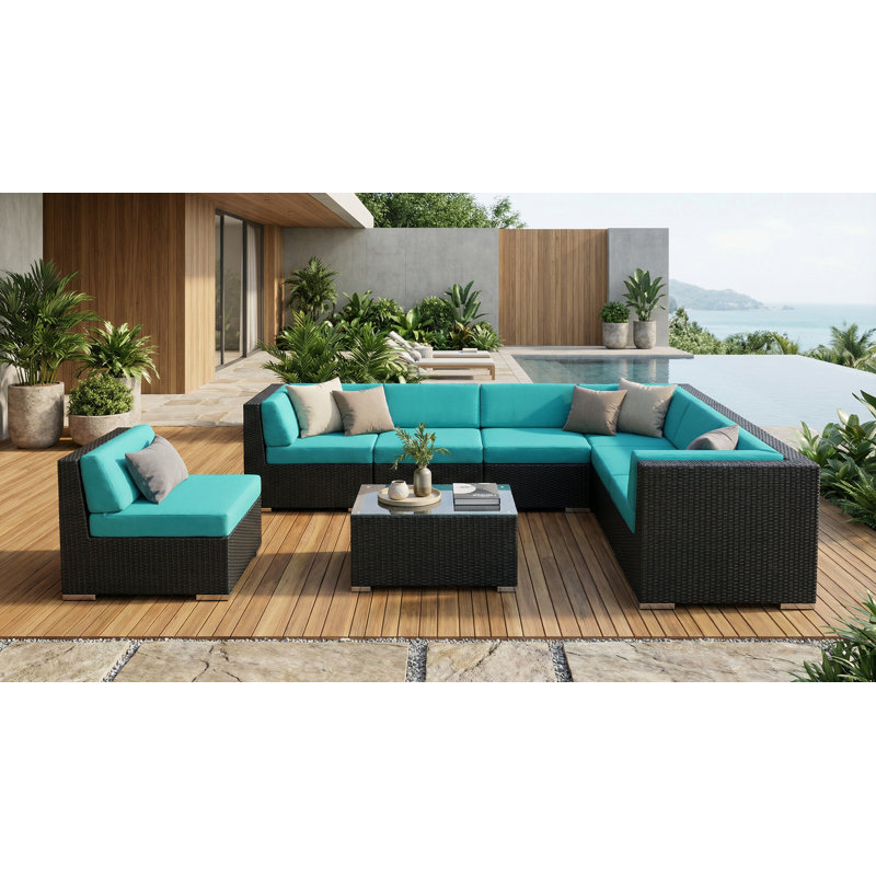 Billyjo Wicker 7 - Person Seating Group with Cushions - No Assembly, Black, Supercrylic Turquoise