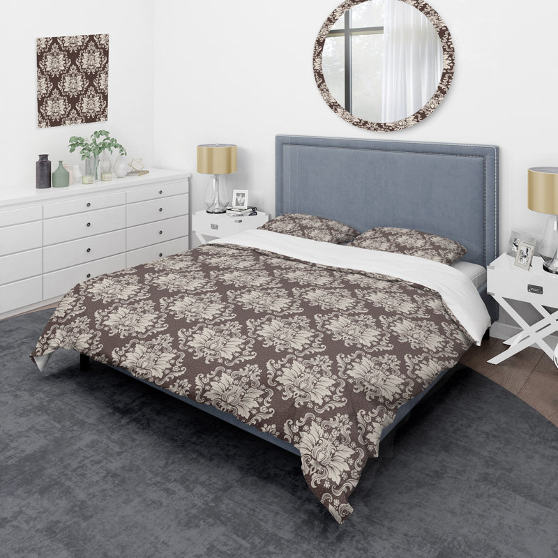 Brown Damask - Abstract Duvet Cover Set - Microfiber Polyester, Twin Duvet Cover + 1 Standard Sham