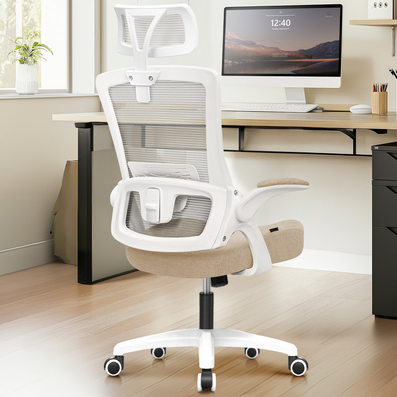 Chaise de bureau ergonomique Neeya, Base en plastique, Avec repose-tête, Beige