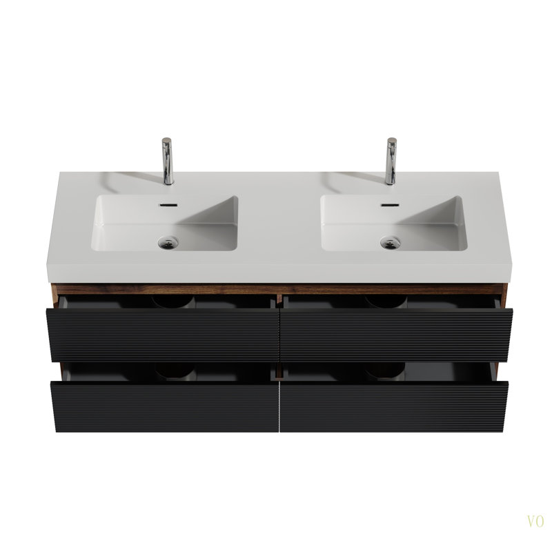Meuble-lavabo 60 po avec lavabo à surface solide brillante et tiroirs souples, meuble-lavabo mural flottant, lavabo une pièce brillant, pré-assemblé