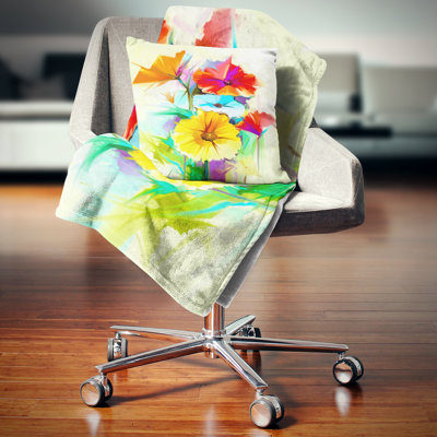 Colorful Gerbera Flower Sketch on White - Floral Printed Pillow