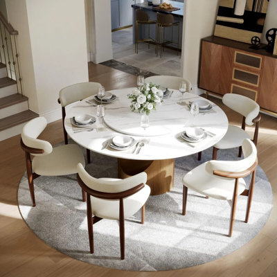 Modern Round Dining Table, Sintered Stone Tabletop With Lazy Susan, Carbon Steel Base Pre-Assembly