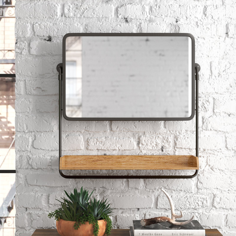 Rustic Brown and Black Rectangular Wall Mirror with Shelf