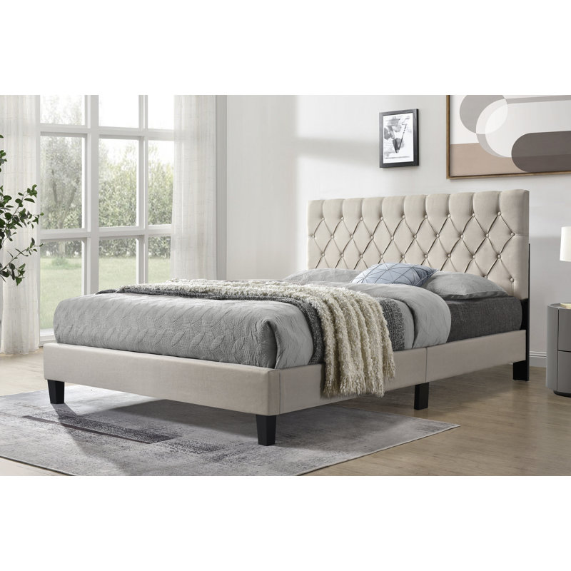 Lit plateforme tapissier touffeté, Beige, Très grand