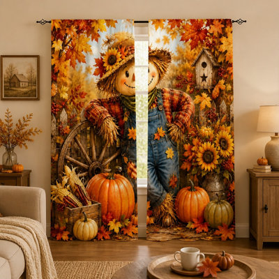 2Pcs rideaux floraux épouvantail d'automne, campagne moderne à motif campagne française, rideau filtrant la lumière pour le salon, la chambre, la cuisine, la poche de tringle, les rideaux de fenêtre, la décoration intérieure