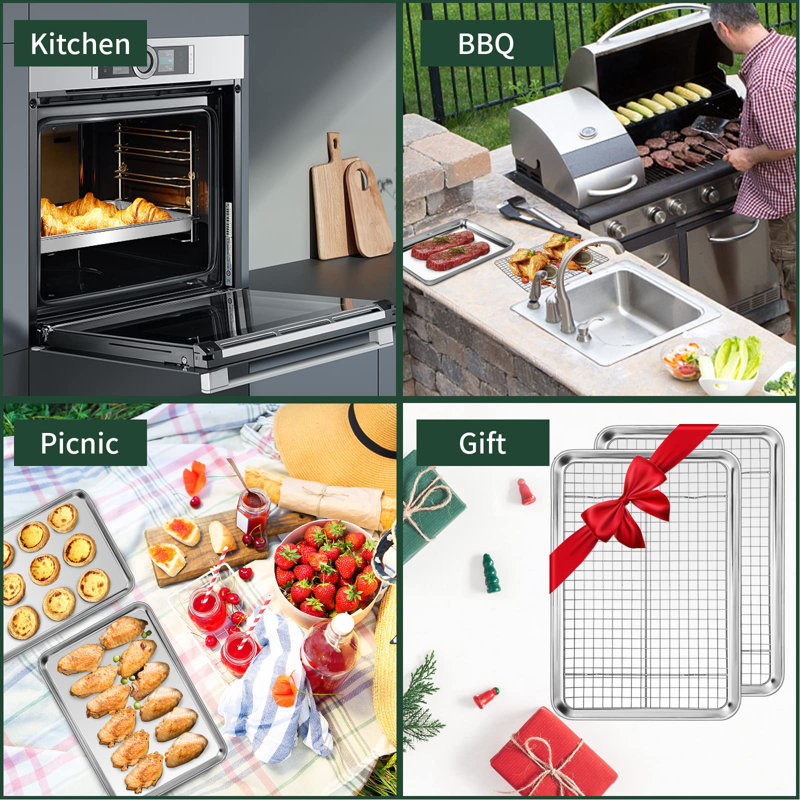 Quarter Sheet Pan With Cooling Rack Set [2 Baking Sheets + 2 Baking Racks], Stainless Steel Cookie Sheets，Silver
